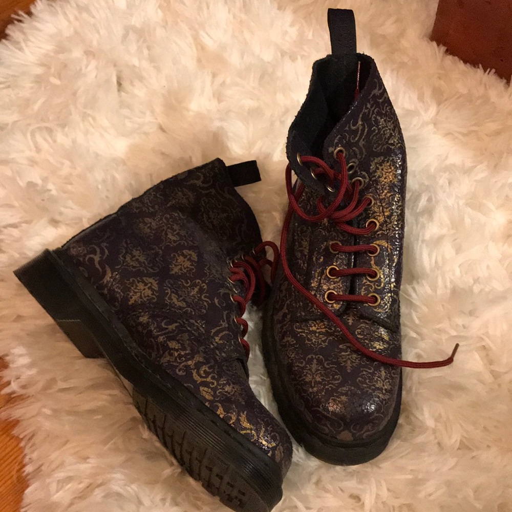 Purple and gold print doc marten combat boots